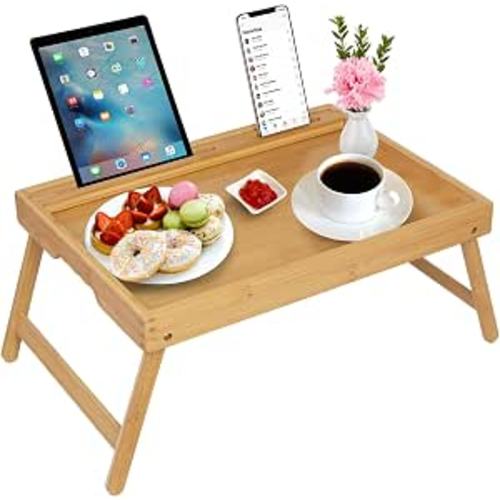 Artmeer Bamboo Bed Tray Table with Device Slot, Folding Legs, Large, Bamboo