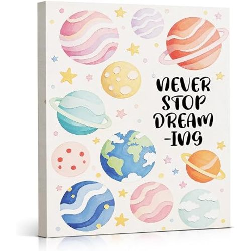 NSFBESSLIA Never Stop Dreaming Wall Art, Cute Space Planet Pattern Painting, Colorful Inspirational Decor for Nursery Kids Bedroom Playroom Classroom, 8x10 Inch