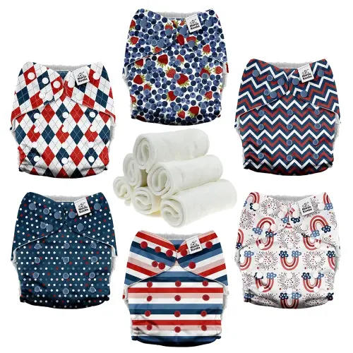 Mama Koala 3.0 Cloth Diapers for Babies with AWJ Lining, 6 Pack with 6 Natural Cloth Diaper Inserts - Reusable and Washable Pocket Diapers (Dots and Lines)