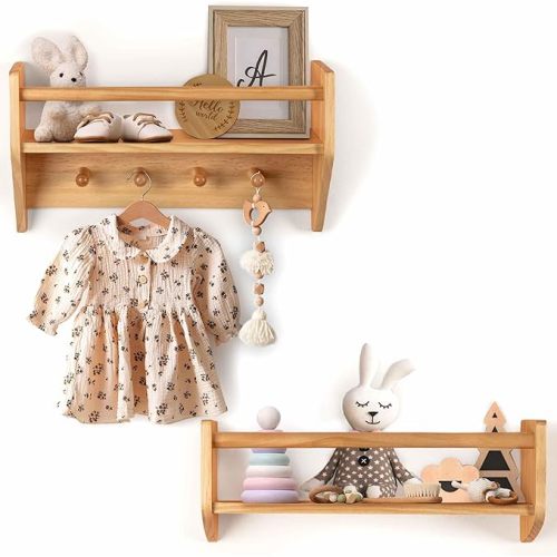 BINGY Nursery Book Shelves - Set of 2 Wall Shelves with Hooks for Clothes - 2-Tier Nursery Bookshelves Made from Solid Wood - 15.71" x 4.8" x 5.5" - Natural Wood