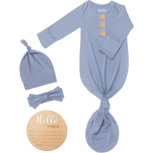 Soft Baby Knot Gown 0-3 Months, Newborn Announcement Sleepers With Mitten Cuffs and Personalized Wooden Name Tag