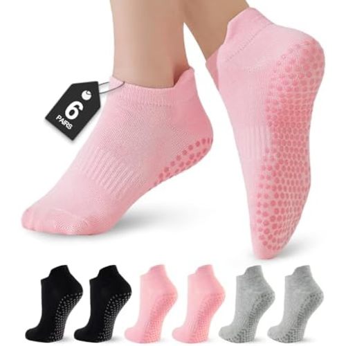6 Pairs Pilates Socks for Women, Grip Yoga Crew Socks, Non Slip Grippy for Barre, Ballet, Dance & Hospital