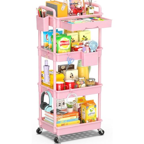 SUNALLY 4 Tier Rolling Utility Cart with Drawer, Storage Organizer Cart with 2 Lockable Wheels, Multifunctional Rolling Storage Cart for Bathroom, Kitchen, Craft, Makeup, Baby Essentials, Pink