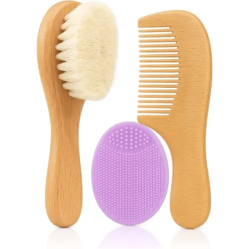 Baby Hair Brush with Wooden Handle and Comb Set for Newborns & Toddlers | Natural Soft Goat Bristles l Wood Comb l Purple Silicone Brush| Ideal for Cradle Cap (3 Piece)