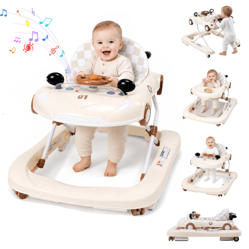 PRVAETU 5 in 1 Baby Walker for Boys Girls, Foldable, Music & Lights,Bouncer, Push Walker, Height Adjustable with Wheels for Infants 6-18 Months,Beige