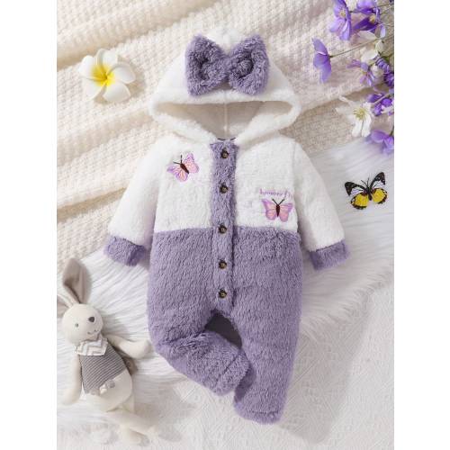 Cute & Comfortable Baby Girl Butterfly Embroidery Colorful Applique Bow Detail Hooded Romper, Soft & Cozy, Warm