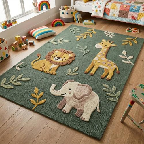 Safari Nursery Rug - Jungle Animal Sage Green Hand Tufted Wool Rug, Lion Elephant Giraffe Kids Playroom Decor, Custom Size Available