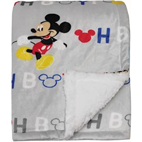 Disney Cudlie Baby Boy Mickey Mouse MNK/Sherpa Blanket with Oh Boy Print