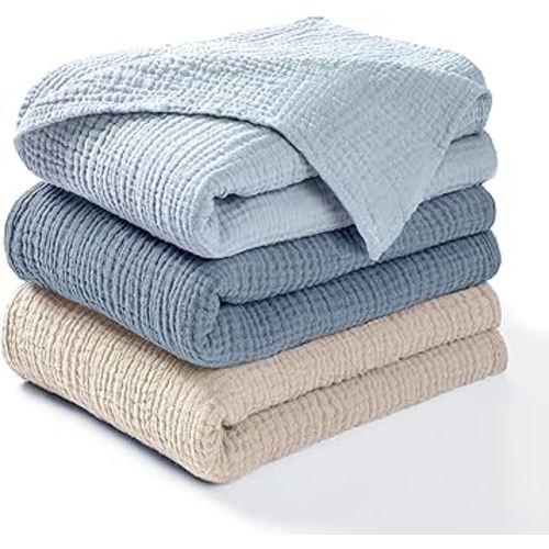 Dreamology Muslin Swaddle Blankets Boy,Girl,100% Cotton Swaddle Blankets,3 Pack,Receiving Blanket for Unisex, Soft, Breathable Swaddle Blanket,Large 44 x 44 inch Cotton Blanket | Blue,Light Blue,Ecru