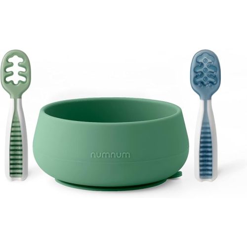 NumNum Baby Bowl & 2 Pack GOOtensils Baby Spoons, Suction Bowls for Baby 4+ Months, Extra Strong Non-Slip Suction, 100% Food-Grade Silicone, BPA-Free, Microwave & Dishwasher Safe (Green/Blue)