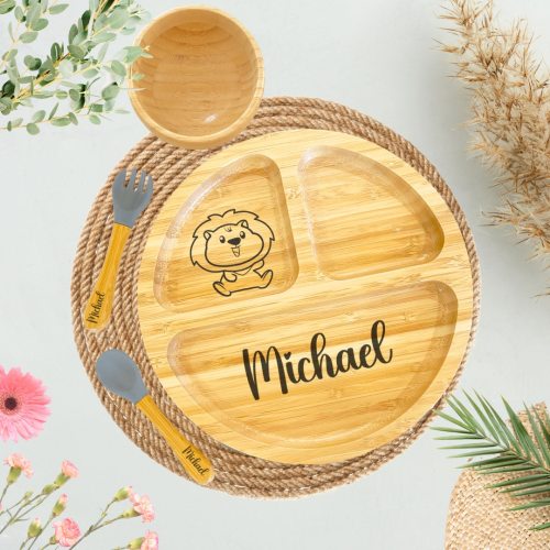Personalized Bamboo Baby Weaning Set: Suction Plate, Bowl & Cutlery