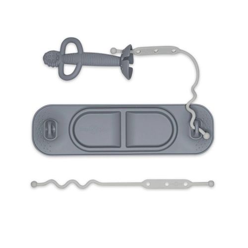 Busy Baby Silicone Travel Teething and Feeding System with Suction Mat, Teething Spoon, Travel Bag and 2 Straps for Toys and Utensil - Pewter - 4pcs