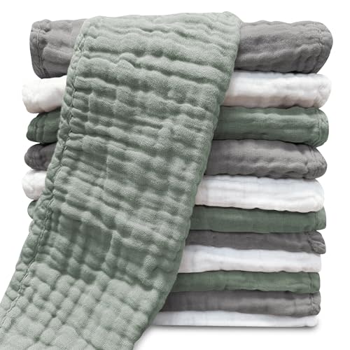 Sunny zzzZZ Muslin Burp Cloths for Baby 100% Cotton Burping Cloths for Unisex, Boy, Girl - Large 20'' by 10'' Newborn Essentials Ultra Soft Absorbent Milk Spit Up Rags - 12 Pack - White+Green+Grey