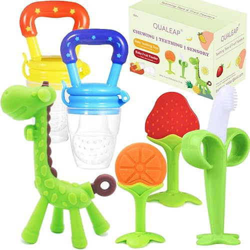 Medical-Grade Teething Toys for Babies 0-6 6-12 12-18 Months - Teethers with 2 × Baby Fruit Feeders and 4 × Baby Teether - BPA Free/Freezer Free - Soft Textures for Infant and Toddlers (Green)