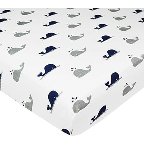 American Baby Company Cotton Fitted Pack and Play Sheet 39x27", Navy Whale