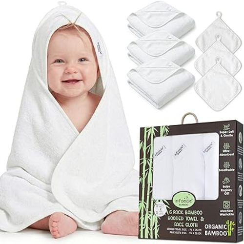 Organic Bamboo Hooded Baby Towels with Baby Washcloths 6 Pack 3 Towel 75 X 75 & 3 Washcloth 25 X 25 CM Absorbent Baby Towel with Hood Gentle On Skin Bath Essentials for Newborns and Infants
