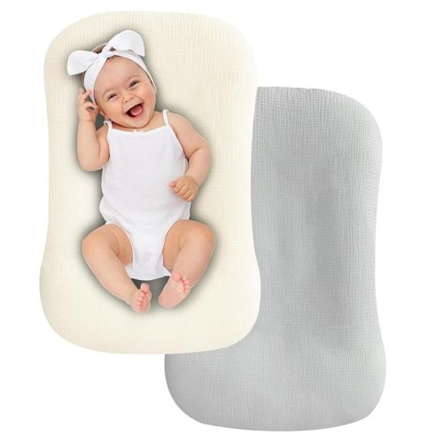UBBCARE 2 Packs Muslin Baby Lounger Cover, Baby Nest Sleeper Cover for Baby Boys and Girls, Washable Slipcover Fit Infant Lounger, Organic Lounger Cover for Newborn - Beige&Grey