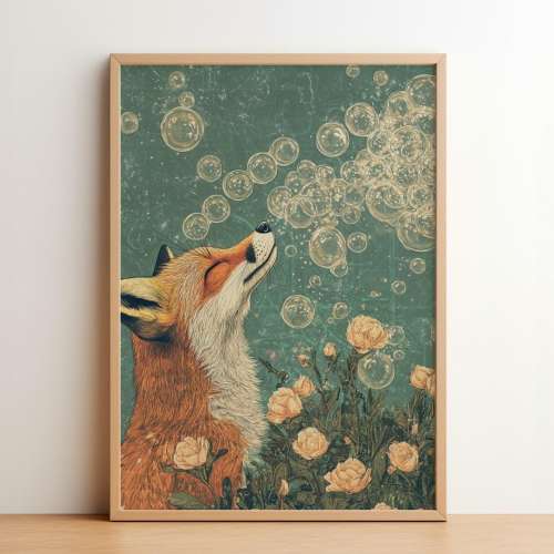 Fox Bubble Dreams: Poster | Whimsical Woodland Animal Print | Cute Fox & Bubbles Art | Soft Pastel Nature Decor | Fantasy Boho Illustration
