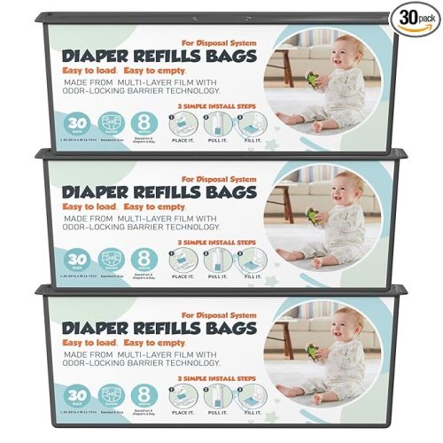 Diaper Pail Refills Bags with 30 Bags Compatible with Genie Easy Roll Signature and Platinum Diaper Pails, 7-Layer Odor-Barrier Technology, 3 Pack (90 Bag)