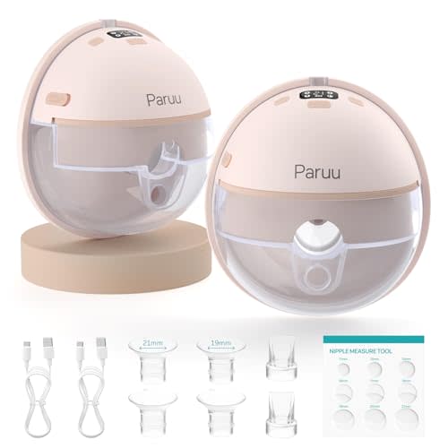 Paruu Hands Free Breast Pump P16, Wearable Breast Pump Electirc Portable with 4 Modes & 12 Levels, Max 309mmHg Strong Suction 19/21/24mm Flange Inserts Wearable Breastfeeding Pump, 2 Pack(Nude