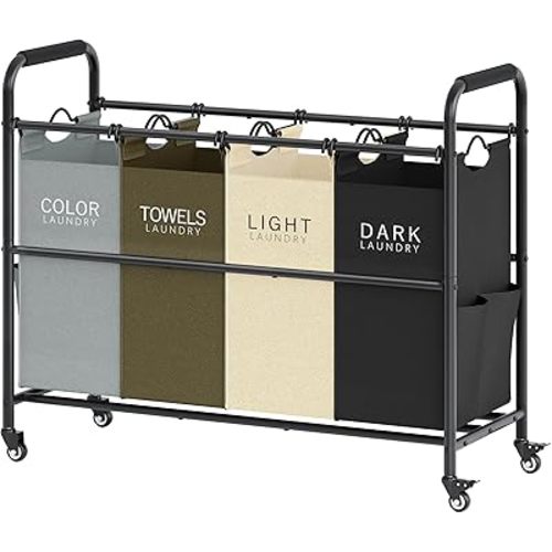 Tajsoon 4 Bag Laundry Sorter Cart, 4 Section Laundry Hamper Sorter with Heavy Duty Lockable Rolling Wheels, Laundry Separator Hamper with Removable Bags for Dirty Clothes Storage, 4 Colors