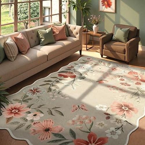 Lahome Floral Washable 6x9 Area Rugs, Soft Bedroom Rug for Living Room Ultra-Thin Non Slip Dining Room Rug, Stain Resistant Boho Rugs Easy Clean Throw Carpet for Office(6'x9',Brown)