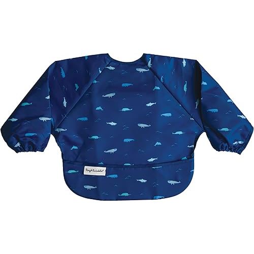 Tiny Twinkle Mess Proof Baby Bib|Waterproof Smock Bib for Eating,Machine Washable Full Sleeve with Pocket(Ocean Life, Small 6-24 Months)