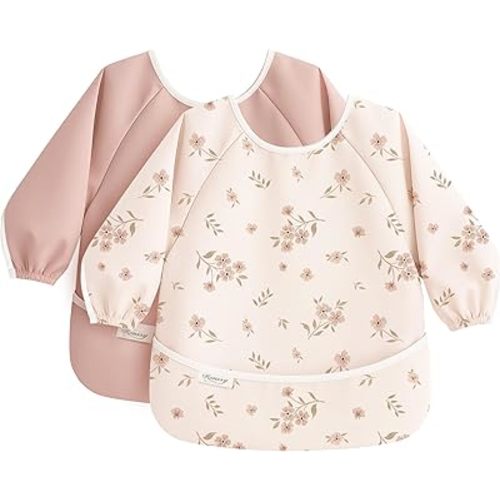 Konssy Long Sleeve Baby Bibs for Eating, Soft-Touch PU Waterproof Feeding Smock with Catch-All Pocket, Full Coverage Bib with Sleeves
