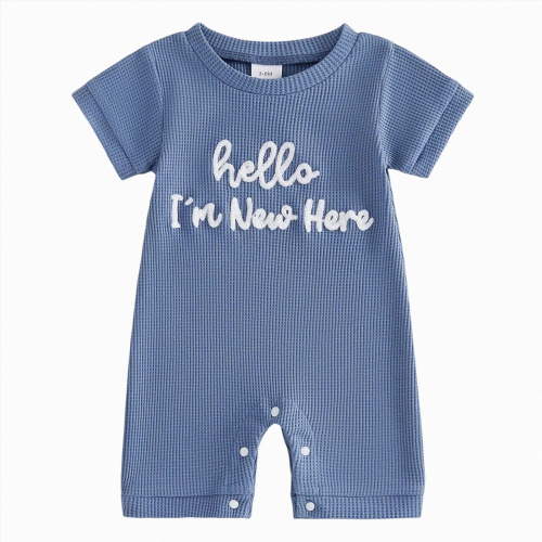 CAICJ98 Newborn Baby Boy Summer Outfit Romper Letter Embroidery Short Sleeve Jumpsuit Bodysuit Cute Infant Waffle Clothes (Blue,0-3 Months)