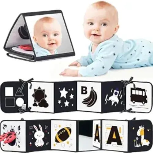 High Contrast Baby Book, Black and White, Tummy Time Mirror Toy