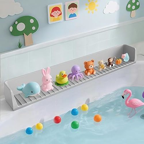 Bathtub Splash Guard PlayPad Shelf Area with Strong Suction Cups, Toy Tray Caddy Holder Storage Over Tub, Bathtub Ledge Guard, No Mess Water, Splash Protection Water Barrier for Bathroom-Gray
