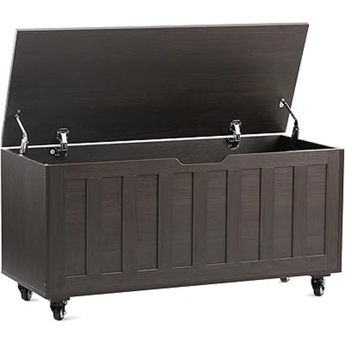 Storage Chest, 39.4'' Wooden Storage Bench with 4 Wheels & 2 Safety Hinges, Retro Toy Box Support 300 lbs for Bedroom, Living Room, Easy Assembly, Dark Brown