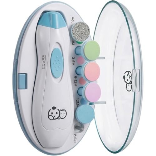 Royal Angels Upgraded 6 in 1 Baby Nail Trimmer with Labeled Case, 4 Colored Pads for Newborns to Toddlers, Whisper Quiet Electric Nail File with LED Light, Safe Manicure Set for Families (Babyblue)