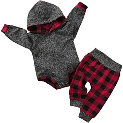 Newborn Baby Boy Clothes Fall Winter Infant Outfits Long Sleeve Hoodie Romper + Red Plaid Pants Set