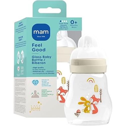 MAM Premium Glass Baby Bottles, Easy Switch Between Breast and Bottle, Feel Good Slow Flow, Newborn Essentials Must Have, 0+ Months, BPA Free, 6oz, Boy, 1 Pack