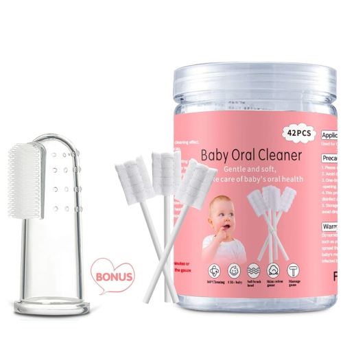 Baby Tongue Cleaner, Baby Toothbrush, 42Pcs Disposable Infant Toothbrush Clean Baby Mouth,Gauze Gum Cleaner Toothbrush Baby Oral Cleaning Stick Dental Care for 0-36 Month Baby+Free 1 Finger Toothbrush