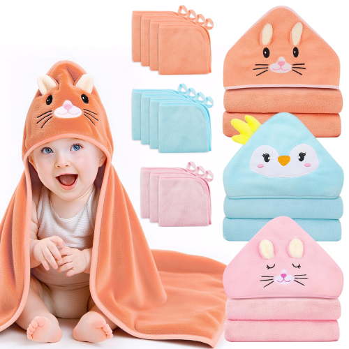 14 PCS Baby Towels, Jaseppor 3 PCS Soft Hooded Baby Towels & 11 PCS Washcloths, Baby Bath Towels for Newborns, Infants & Toddlers, Ultra Absorbent, Cute Baby Towel Gift for Girls