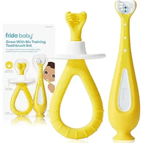 Frida Baby Grow-with-Me Training Toothbrush Set, Infant Baby Tooth brush & Toddler Toothbrush 6-18 Months, Soft Silicone Bristles, BPA-Free Oral Care for Sensitive Gums, Yellow