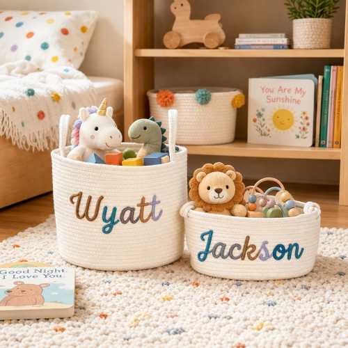 Custom Name Baby Basket, Personalized Nursery Storage, Handmade Rope Basket, Newborn Gift, Baby Shower Organizer