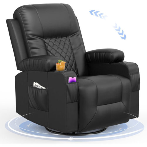 Latitude Run® Lannah Faux Leather Recliner Massage Chair, Swivel Rocker Recliner with 360° Rotate & 125° Reclining Rocking Chair With Two Cup Holders for home & Reviews | Wayfair
