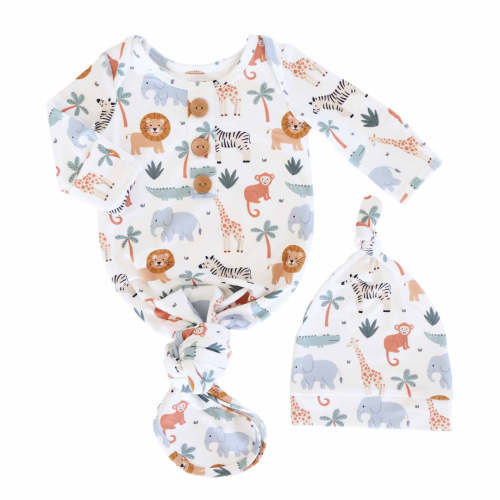 Safari Snuggles Newborn Baby Knot Gown & Hat Set