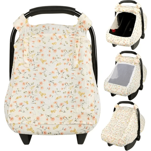 Summer Baby Car Seat Cover, Muslin Carseat Cover for Infant Boys Girls with Large Mesh Window, Breathable Newborn Car Seat Canopy, Red Flower