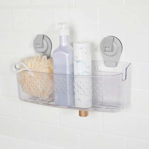 Mainstays Wall-Mounted Extra-Large Suction Bath Basket, Easy to Install Shower Organizer, Clear
