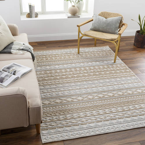 Origin 21 Scania Natural Tan 5 x 8 (ft) Loomed Polypropylene Tan Rectangular Indoor Ikat Mid-Century Modern Machine Washable Pet Friendly Area rug