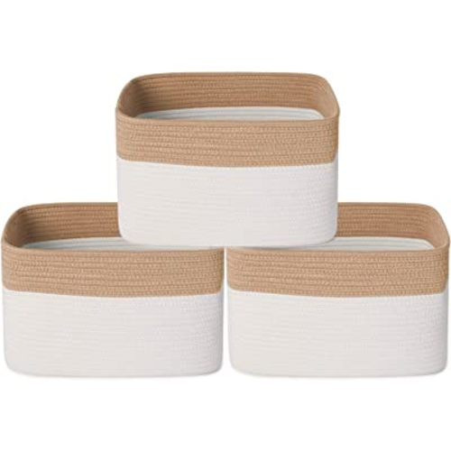 ANMINY 3PCS Woven Cotton Rope Storage Baskets with Handles Large Washable Basket Set Decorative Storage Bins Boxes Nursery Baby Kid Toy Blanket Clothes Towel Laundry Organizer Containers - White/Brown
