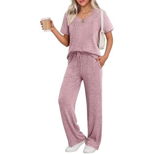 Ekouaer Womens Ribbed Knit Lounge Set Short Sleeve Top and Long Pants Sleepwear Pajama Set Two Piece Matching Outfits Set