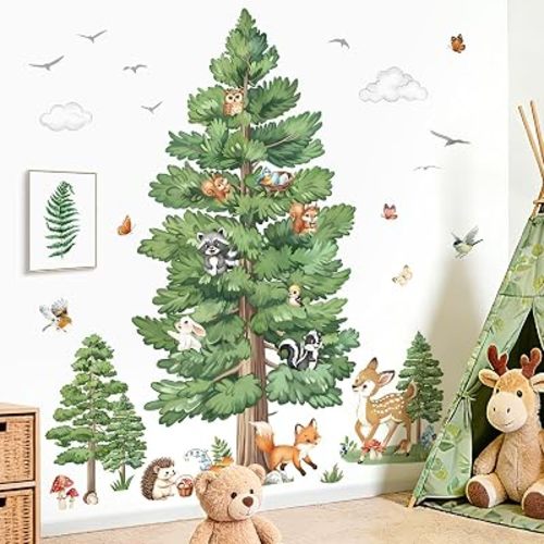 decalmile Pine Tree Animals Woodland Deer Fox Wall Decals Stickers (XL)