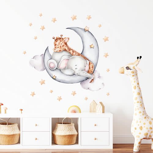 Cute Sleeping Baby Elephant Giraffe Wall Stickers, sacinora Moon and Stars Cartoon DIY Wall Decals Removable Vinyl Peel and Stick for Kids Baby Nursery Bedroom Toddler Room Art Decorations