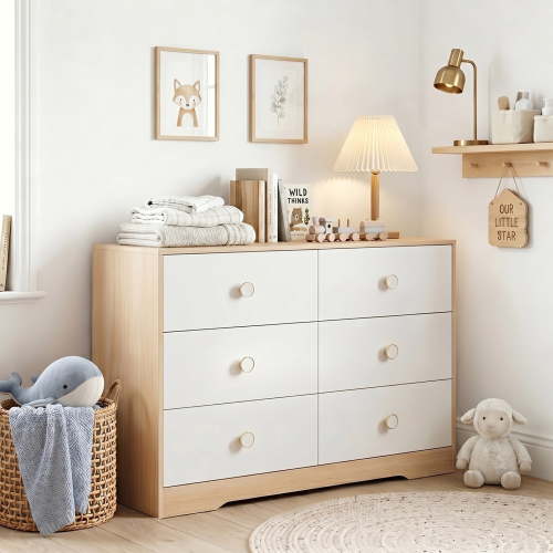 BERRY NEST White Dresser for Bedroom, Wood Baby Dresser for Nursery, 6 Drawer Dressers with Sturdy Base, Modern Closet Dresser for Clothes and Baby Essentials