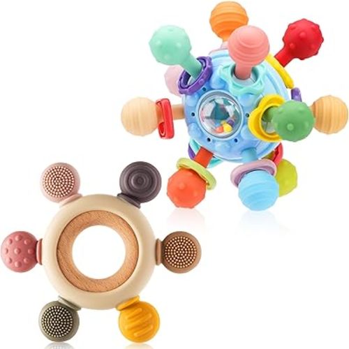 2 Pack Baby Teething Toys for 0-6 6-12 Months, Silicone Soothing Baby Teether Toys & Montessori Sensory Toys for Boy Girl, Safe and Durable Teething Toys for Newborn Infant
